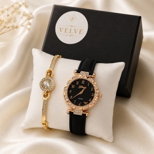 Set ceas dama cu cristale si bratara asortata, Negru-Rose Gold