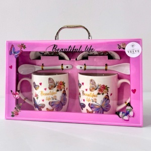 Set ceramic, Beautiful Life, doua cani imprimate, doua lingurite ceramice si farfurii in ton, Roz-Mov - Img 4