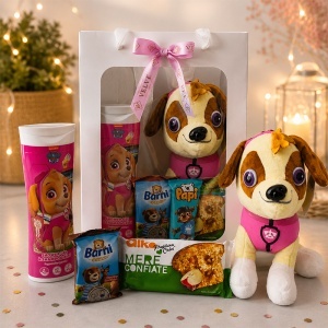Set complet pentru fete Skye Paw Patrol, jucarie de plus, gel de sus 2in1 si selectie de dulciuri, in ambalaj premium cu funda - Img 6