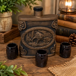 Set din ceramica pentru bautura, cu sticla Vintage in tematica Vanatoreasca 700ml si 3 pahare 100ml, Maro