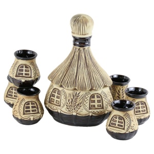 Set din ceramica pentru tuica si vin, sticla in forma de coliba si 6 pahare, Bej-Maro - Img 3