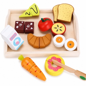 Set din lemn pentru copii, cu alimente si accesorii pentru feliat, 11 piese, Multicolor, 3 ani+ - Img 4