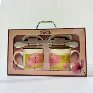 Set elegant ceramic, Beast Season, cu doua cani imprimate floral, 300ml, doua lingurite ceramice si farfurii asortate, in cutie eleganta, Roz - Img 5