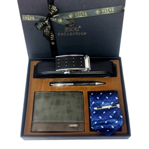 Set elegant pentru barbati Grand Touch, caseta cu portofel, pix metalic asortat, curea din piele ecologica si cravata eleganta, Multicolor