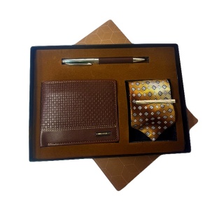 Set elegant pentru barbati Grand Touch, caseta cu portofel, pix metalic asortat si cravata eleganta, Maro