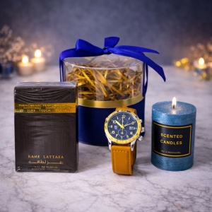 Set elegant Strong Vibe, cu Parfum Ramz Lattafa 30ml, Ceas Analog casual si lumanare decorativa 7cm, in cutie cadou, Albastru