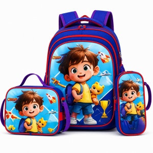 Set ghiozdan baieti pentru scoala 3 piese cu baiat si dinozaur, 42 x 33 cm