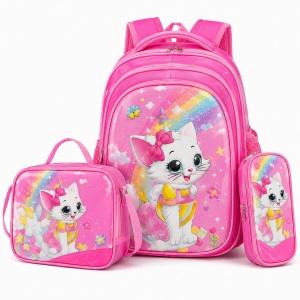 Set ghiozdan fete pentru scoala 3 piese cu pisicuta si curcubeu, 42 x 33 cm