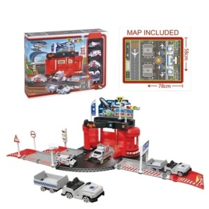 Set parcare pompieri copii cu masini, elicopter si harta, 37 piese, jucarie 3+ ani