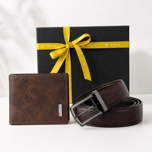 Set pentru barbati Cognac Edition, cu portofel bifold texturat si curea din piele eco maro inchis, in cutie eleganta - Img 6