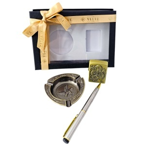 Set pentru barbati Dragon Kit, cutie cu bricheta metalica, scrumiera si pix, Vintage gold - Img 2