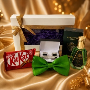 Set pentru barbati Emerald Green Edition cu parfum arabesc Aventos Green, papion verde, butoni, ac de cravata si ciocolata - Img 5