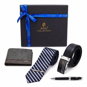 Set pentru barbati JESOU COLLECTION, cutie premium cu portofel, curea, cravata cu ac si pix elegant, Negru - Albastru - Img 2