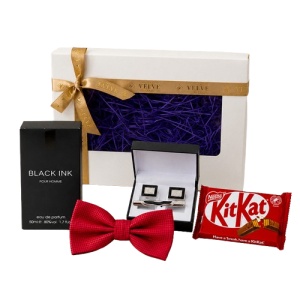 Set pentru barbati Ruby Crimson Edition cu parfum arabesc Black Ink, papion rosu, butoni, ac de cravata si ciocolata