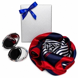 Set pentru femei Satin Glow cu esarfa satinata 50x50 cm si oglinda compacta, in cutie eleganta, rosu-bleumarin cu dungi