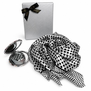 Set pentru femei Satin Glow cu esarfa satinata 50x50 cm si oglinda compacta, in cutie eleganta, alb cu buline negre