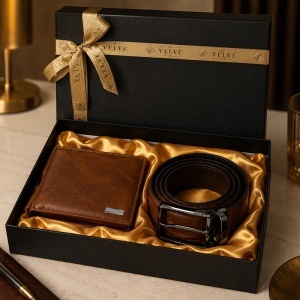 Set premium pentru barbati Essential Brown cu portofel si curea maro din piele eco, in cutie eleganta - Img 3