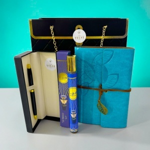 Set premium Prestige Blue unisex, cu jurnal, pix si parfum Haya 35 ml, in cutie eleganta tip geanta - Img 4