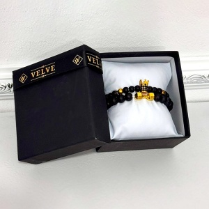 Set Royal pentru barbati, cu doua bratari cu pietre semipretioase si cristale de zirconiu, ambalate in cutie neagra cu pernuta, Negru/Gold