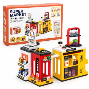 Set Supermarket pentru copii, 65 piese, casa de marcat, scaner, lumini si sunete, multicolor, 3+ ani - Img 2