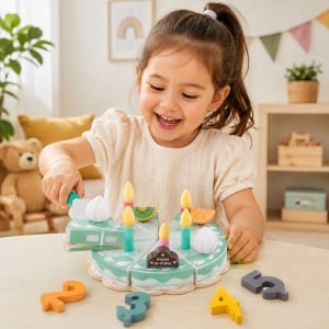 Set tort aniversar din lemn Kabi cu felii, lumanari si cifre, multicolor, 3+ ani - Img 2