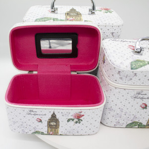 Set trei cutii elegante pentru accesorii si machiaj cu oglinda, din piele naturala, London style, in forma de gentuta - Img 2