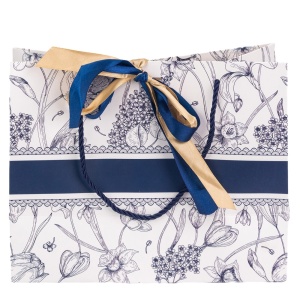 Set trei pungi cu model floral, manere snur si panglica satinata, Albastru, 36 x 12 x 24 cm