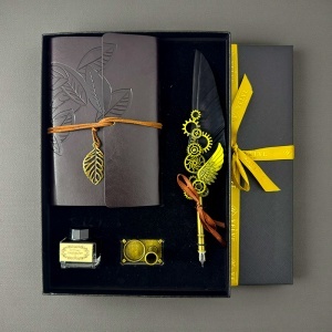 Set Vintage Spark, cu agenda-jurnal neagra, stilou cu pana neagra, suport si calimara - Img 2