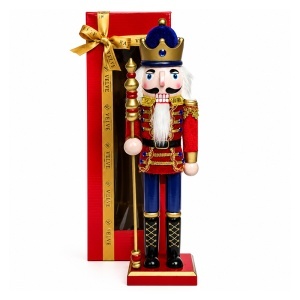Spargator de nuci decorativ de Craciun, soldatel cu coroana si sceptru, 38 cm, Rosu-Auriu, in cutie cadou