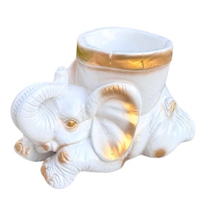Statueta decorativa elefant, cu trompa ridicata si ghiveci practic, Alb-Auriu, 27 cm