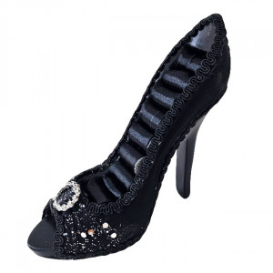 Suport Jewel Shoe, pentru bijuterii, sub forma de pantof, cu paiete si aplicatii cu efect de dantela, 17 cm, Negru