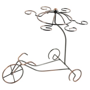Suport metalic in forma de bicicleta, pentru o sticla si sase pahare de vin, aramiu