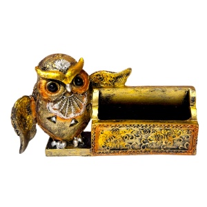Suport pentru birou, vintage, din rășină, cu bufniță și motive florale, 16x5x10 cm - Img 1