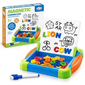 Tablita magnetica educativa 2 in 1, 53 piese, litere, cifre, simboluri si marker, multicolor, 3+ ani