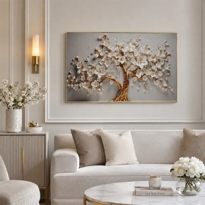 Tablou decorativ modern Copac Inflorit 3D in relief, cu flori albe si cristale, rama aurie, 60x40 cm - Img 3