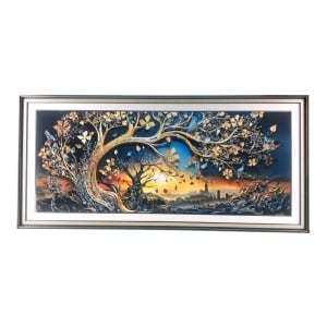 Tablou mare cu efecte in relief, Copacul Vietii și pietricele, in ramă aurie, 94x44 cm