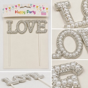 Topper decorativ LOVE cu strasuri si perle albe, argintiu - Img 2