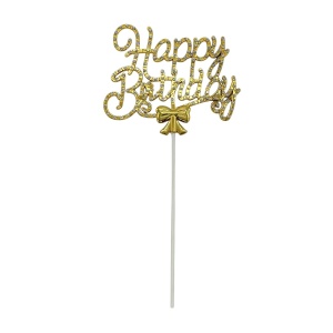 Topper Happy Birthday cu strasuri si fundita decorativa, auriu