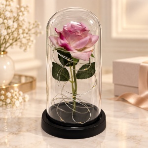 Trandafir decorativ cu LED, in cupola transparenta, 20 cm, in cutie cadou, Roz - Img 6