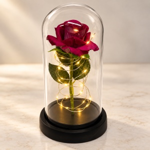 Trandafir decorativ cu LED, in cupola transparenta, 20 cm, in cutie cadou, Bordo - Img 4