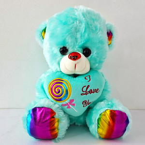 Ursulet de plus BUBU, cu inimioara si imprimeu Lollipop si text "I Love You", inaltime 30 cm, Turquoise 3