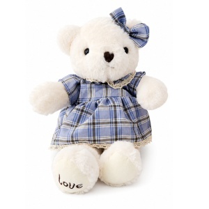 Ursulet de plus premium, fetita cu rochita in carouri bleu, inaltime 35 cm