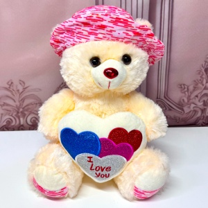 Ursulet de plus Pudding, cu palarie satinata si inimioara imprimata "I Love You", inaltime 33 cm, Alb - Img 5