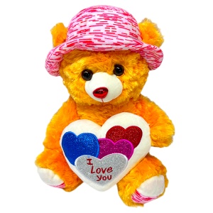 Ursulet de plus Pudding, cu palarie satinata si inimioara imprimata "I Love You", inaltime 33 cm, Portocaliu - Img 5