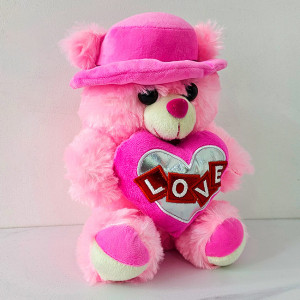 Ursulet de plus Pudding, palarie cu bentita asortata si inimioara imprimata "Love", inaltime 30 cm, Roz 3