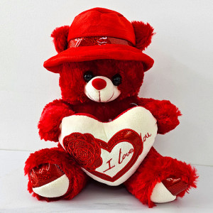 Ursulet de plus Pudding, palarie cu bentita satinata si inimioara cu trandafir imprimat "I Love You", inaltime 30 cm, Rosu