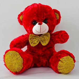 Ursulet de plus Red Sunny, cu papion si texturi glitter, inaltime 30 cm, Rosu/Auriu