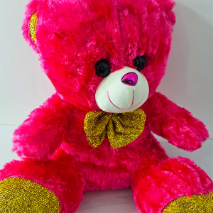 Ursulet de plus Red Sunny, cu sunete de iubire, papion si texturi glitter, inaltime 40 cm, Fucsia/Auriu - Img 3