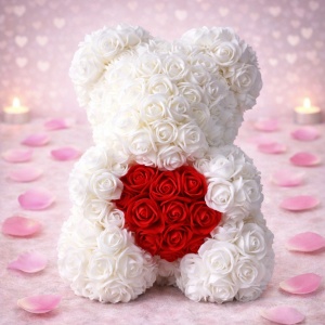 Ursulet floral alb cu inima rosie, din Trandafiri 25 cm, decorat manual, cutie cadou
