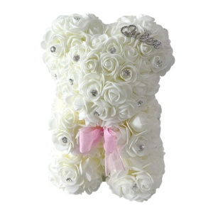 Ursulet floral cu trandafiri din spuma, 25 cm, cristale decorative aplicate manual, in cutie cadou, Alb - Img 4